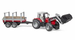 BRUDER Massey Ferguson + Frontlader, Holztransporthänger 