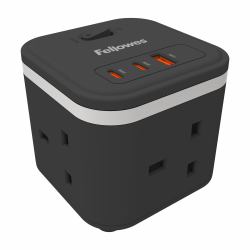 Fellowes Power Cube 3x230v 1xUSB-A 2x USB-C Socket 2m Cable Black - 100136979 Verlängerungskabel 3 AC-Ausgänge Drinnen Schwarz, Weiß 