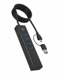 ICY BOX IB-HUB1737-C3, 7-Port USB 3.2 Gen 1 Hub, 3x USB Type-C®, 4x USB Type-A, Combo Hostanschluss, integriertes Kabel, Aluminium, black 