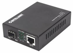 Intellinet Gigabit PoE+ Medienkonverter, 1000Base-T RJ45-Port auf SFP-Port, PoE+ Injektor 