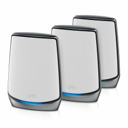 NETGEAR Orbi RBK853 WiFi 6 Mesh WLAN System [TriBand AX6000 WiFi 6 Mesh Router + 2x Mesh Wifi Satellit, 6.000 MBit/s Speed bis zu 525 m² Abdeckung und 100+ Geräte, 12x GB LAN, Smart Roaming] 
