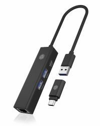RaidSonic ICY BOX IB-HUB1439-LAN, USB 3.2 Gen 1 HUB und LAN Adapter, Type-A+C zu 2x USB-A & 1x USB-C® & Gigabit LAN, USB Type-A zu Type-C Adapter, Aluminium, schwarz 