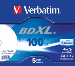 Verbatim BD-R XL 100 GB* 4x, mit Tintenstrahldrucker großflächig bedruckbar, Jewel Case, 5er-Pack 