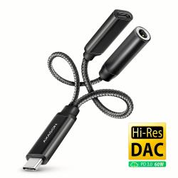Axagon ADA-HCPD USB‑C auf 3,5 mm Klinke Hi‑Res DAC Adapter mit PD 60 W, 384 kHz / 32 bit, Stereo (*ADA-HCPD USB-C 32bit PD external soun)
