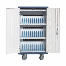 Techly I-CABINET-30DUTY Wagen / Schrank für das Management mobiler Geräte Wagen zur Verwaltung tragbarer Geräte Weiß, Blau (Trolley USB Charging Station - Ventilated for 30 Notebooks / - Tablet...